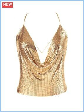 Women's Sequin Metal Mesh V-Neck Crop Tank Top, Body Chain Cami with Rhinestones